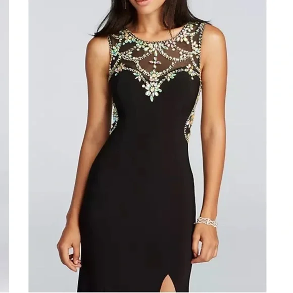 BETSY AND ADAM Illusion Low Back Prom Dress Crystal Beading Rhinestones WOFO 2